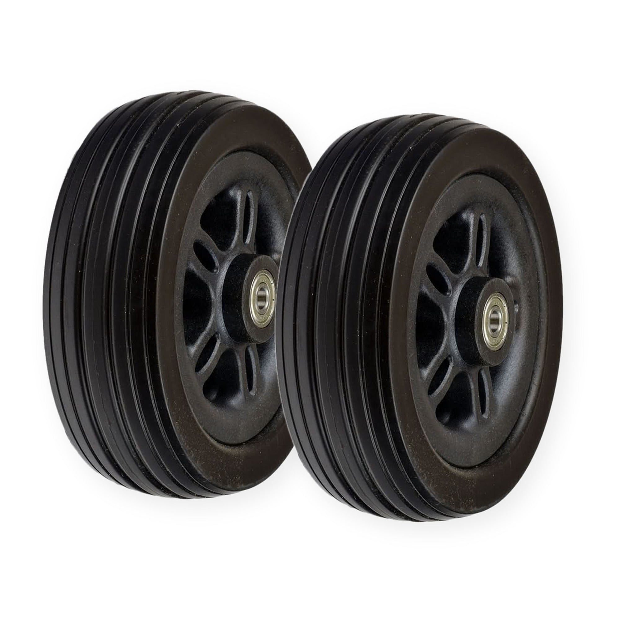 33000145 - WHL2007128 - Set of 2 black 6" x 2" caster wheels, side view showing ribbed solid tread and installed bearings, for the Merits Vision Sport (P326A) and Jazzy EVO 614 power chairs.