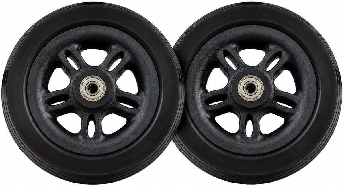 Set of 2 black 6" x 2" caster wheels with split-spoke rims, solid ribbed tires, and installed bearings for the Merits Vision Sport (P326A) and Jazzy EVO 614 power chairs (Merits 33000145 / Pride WHL2007128).