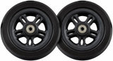 Set of 2 black 6" x 2" caster wheels with split-spoke rims, solid ribbed tires, and installed bearings for the Merits Vision Sport (P326A) and Jazzy EVO 614 power chairs (Merits 33000145 / Pride WHL2007128).