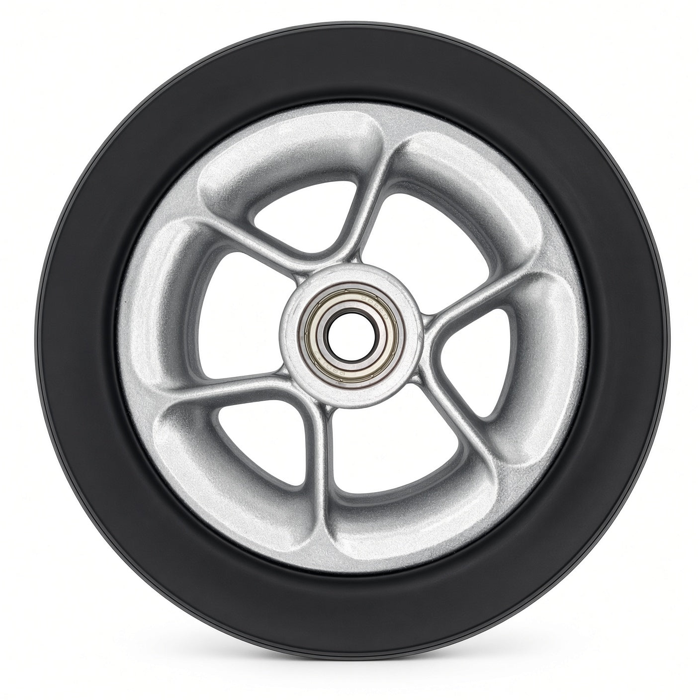 Side view of the Merits Velocity (P325) 6" x 2" caster wheel showing the silver 5-spoke rim and sealed bearing