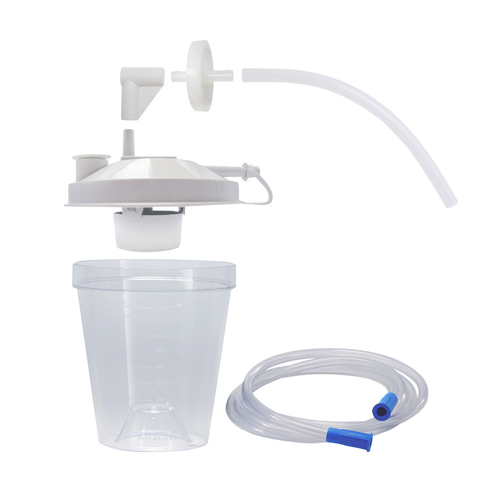 800cc Disposable Suction Canister Kit for the Drive Medical Heavy-Duty Suction Machine (18600) showing a plastic cup with attached tubing and connectors, designed for efficient removal of respiratory fluids.