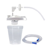 800cc Disposable Suction Canister Kit for the Drive Medical Heavy-Duty Suction Machine (18600) showing a plastic cup with attached tubing and connectors, designed for efficient removal of respiratory fluids.