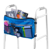 Deluxe Universal Walker/Rollator Bag with mesh pockets, attached to a walker. Designed for easy transport of personal items, featuring hook and loop fasteners for secure mounting.