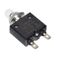 35 Amp (35A) 50VDC 125/250VAC Push-Button Reset Circuit Breaker shown with black and silver casing, small light bulb, and clear plastic boot for dust/moisture protection, ideal for electric scooters.