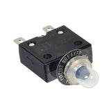 35 Amp (35A) 50VDC 125/250VAC Push-Button Reset Circuit Breaker with clear protective cap, visible push-button, and 1/4 tab terminals, showcased on a neutral surface.