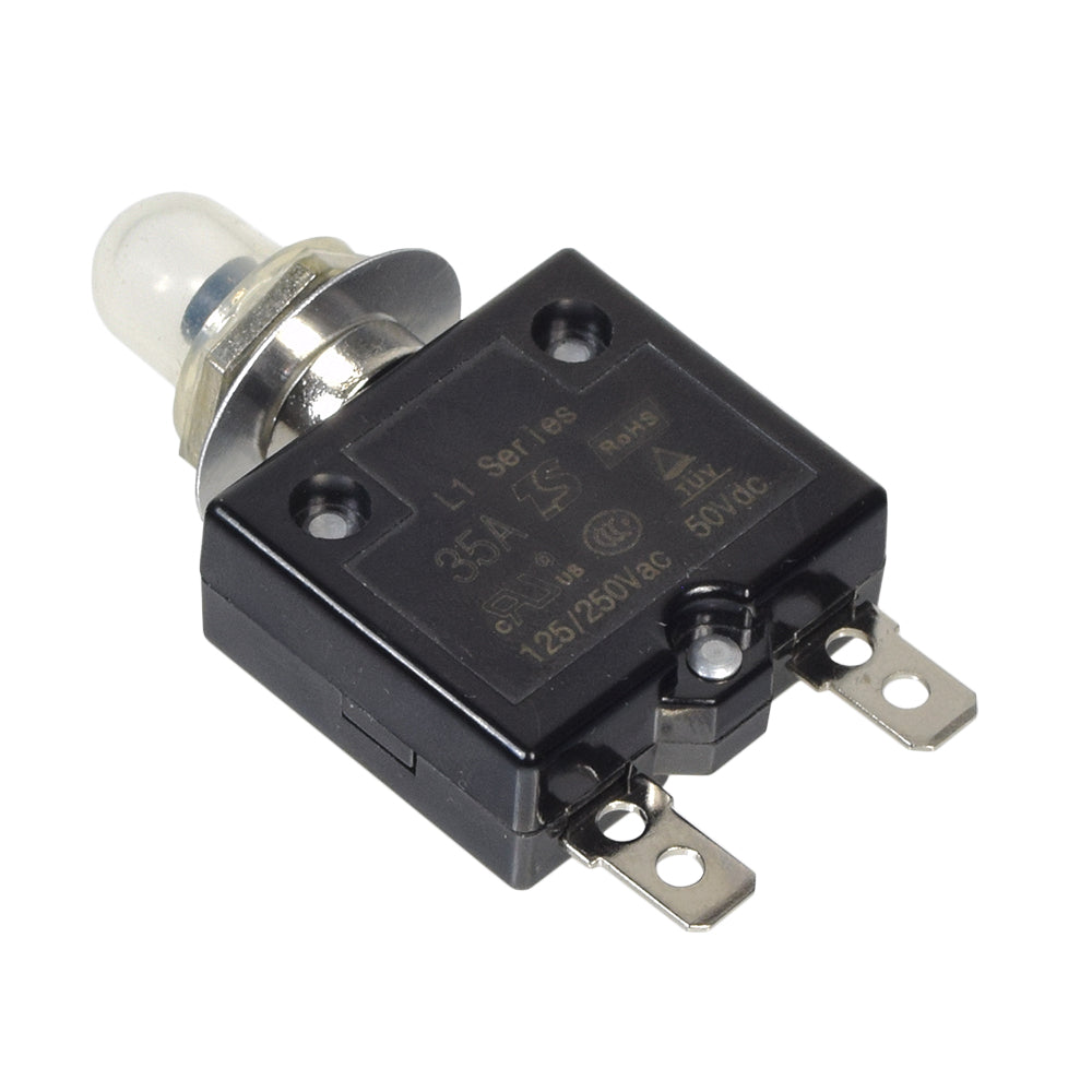 35 Amp (35A) 50VDC 125/250VAC Push-Button Reset Circuit Breaker with Metal Threaded Collar, featuring a clear plastic boot cover and a dual D-style chamfered shaft for easy installation.