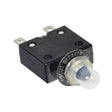 35 Amp (35A) 50VDC 125/250VAC Push-Button Reset Circuit Breaker with Metal Threaded Collar, clear plastic boot cover, and light bulb, shown in a close-up view highlighting its safety features.