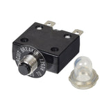 Premium 35 Amp (35A) 50VDC 125/250VAC Push-Button Reset Circuit Breaker with Metal Threaded Collar for Mobility Scooters, featuring a round button, clear plastic boot cover, and threaded metal shaft.