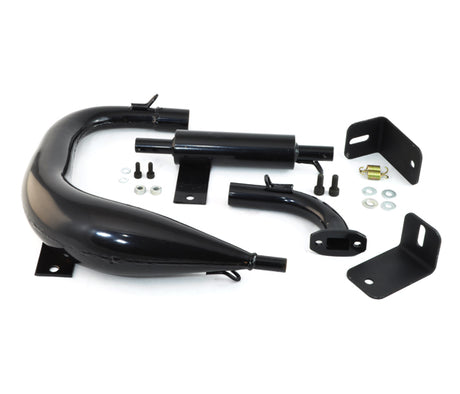 35cc Exhaust Pipe for the Bladez Powerkart G300, featuring a black muffler accompanied by screws and bolts, essential for replacing the exhaust assembly on the 35cc Bladez Powerkart G300.