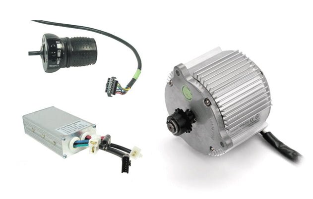 36 Volt 1000 Watt Motor, Controller, & Throttle Kit (Premium), featuring a close-up of electrical parts including a motor, cables, and wiring components, showcasing Currie Technologies' high-quality engineering.