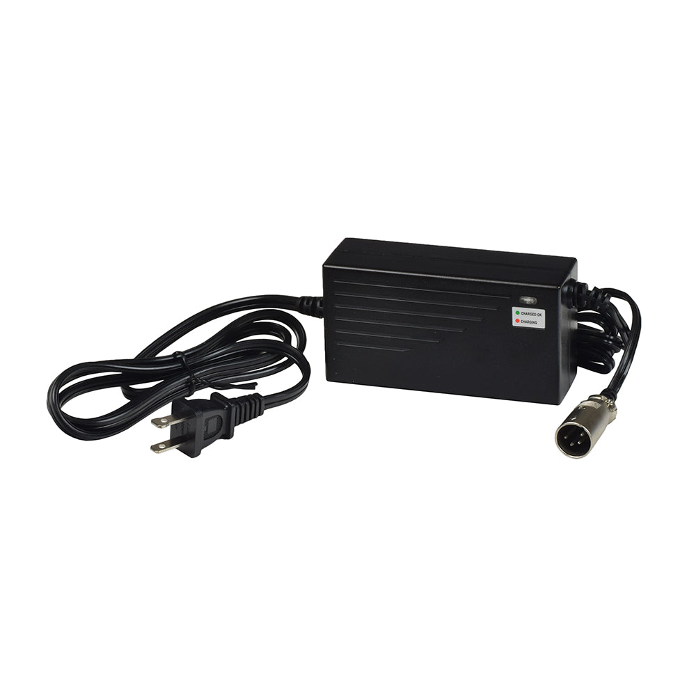 36 Volt 1.5 Amp XLR-4 Ql-09005-B3601670H Battery Charger with a black rectangular body, integrated power cord, and specialized XLR-4 plug, designed for eZip 1000 electric scooters.