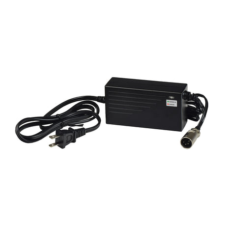 36 Volt 1.5 Amp XLR-4 Ql-09005-B3601670H Battery Charger with a black rectangular body, integrated power cord, and specialized XLR-4 plug, designed for eZip 1000 electric scooters.