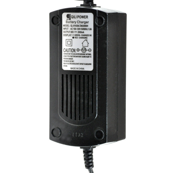 36 Volt 2.0 Amp XLR Battery Charger, showing a close-up of the black charger with a white label, designed for electric mobility and recreational scooters, featuring an automatic shutoff.