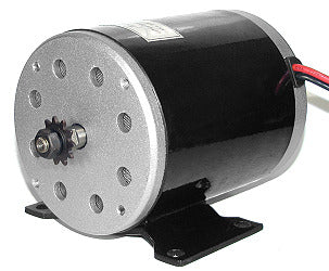 36 Volt 350 Watt MY1020 Electric Motor with 11 Tooth #25 Chain Sprocket, featuring a black and silver cylindrical design, visible mounting bracket, and gear components, suitable for Minimoto pocket bikes, ATVs, and dirt bikes.