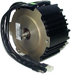 Close-up of a 36 Volt 500 Watt Brushless Motor with 11 Tooth 8 mm 05T Chain Sprocket (1318), showcasing black and silver components.