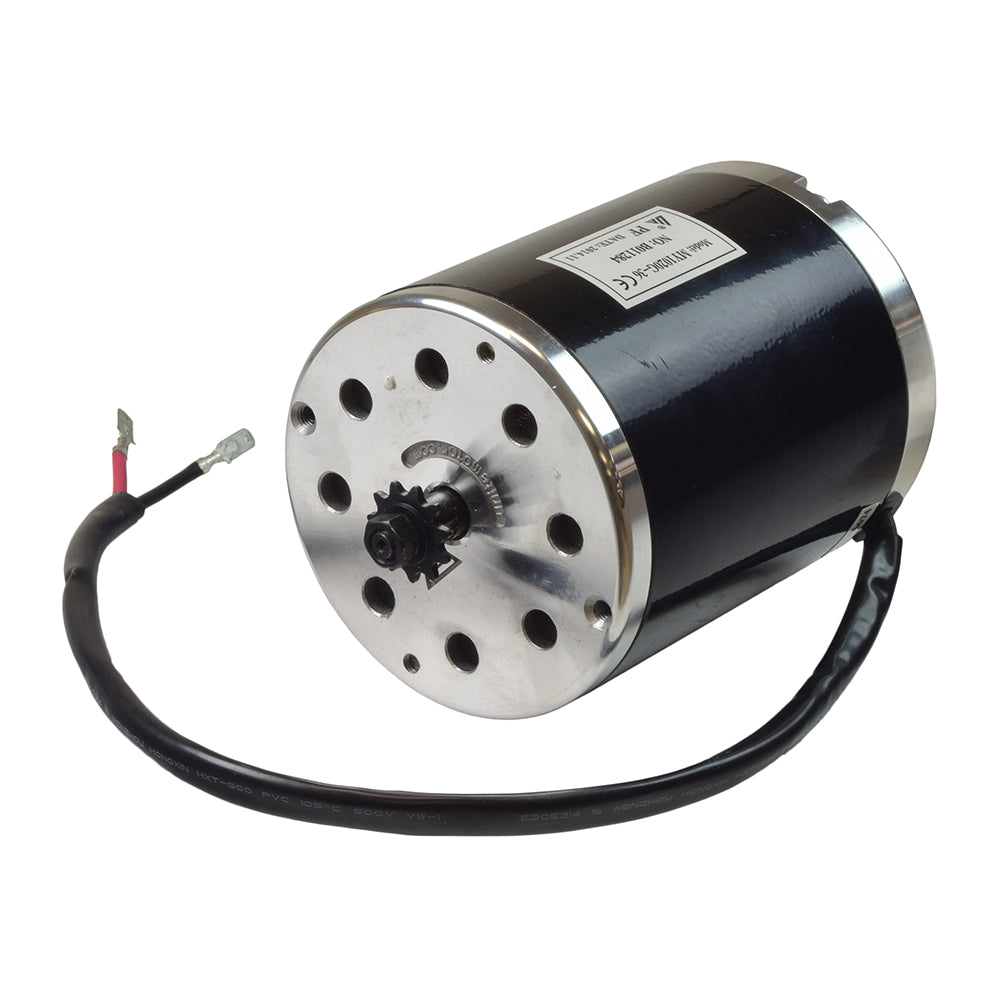 36 Volt 650 Watt MY1020G-36 Electric Motor with #25 Chain Sprocket for the Razor MX650 Dirt Rocket & RSF650 Electric Sport Bike, featuring a black and silver design with visible cables and cylinder.