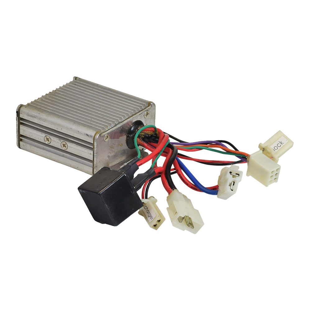 36 Volt Speed & Voltage Controller for Minimoto Maxii (15319-MIS-303) (Blemished), featuring a metal box with various wires and connectors, designed for use with 3 wire throttles.