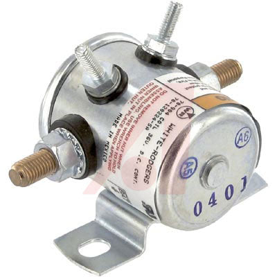 36 Volt DC Relay/Contactor close-up, showing its small metal body, screws, and a label on a silver surface. Ideal for 36 volt power sources, featuring dust resistance and continuous-duty cycle.