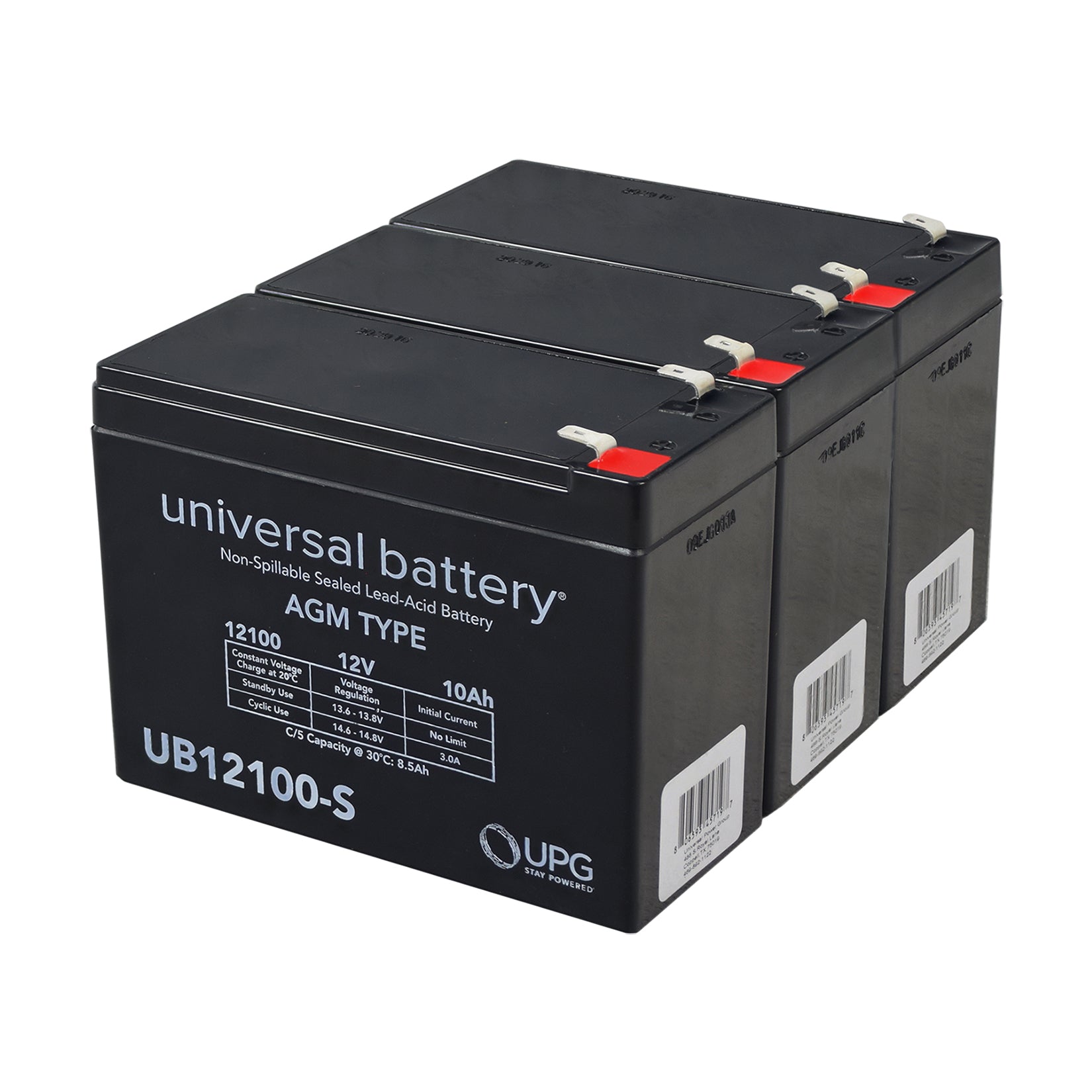 10 Ah 36 Volt UB12100-S AGM Scooter Battery Pack, featuring three black batteries with white text, suitable for various electric scooters and available with or without a pre-wired harness.