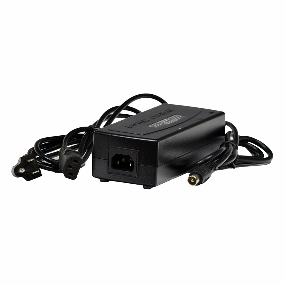 36 Volt 2.0 Amp Coaxial Lithium-iron (LiFePO4) Battery Charger for Electric Bikes, featuring visible wires and a close-up of the black plug, designed for Magic Pie and Smart Pie kits.