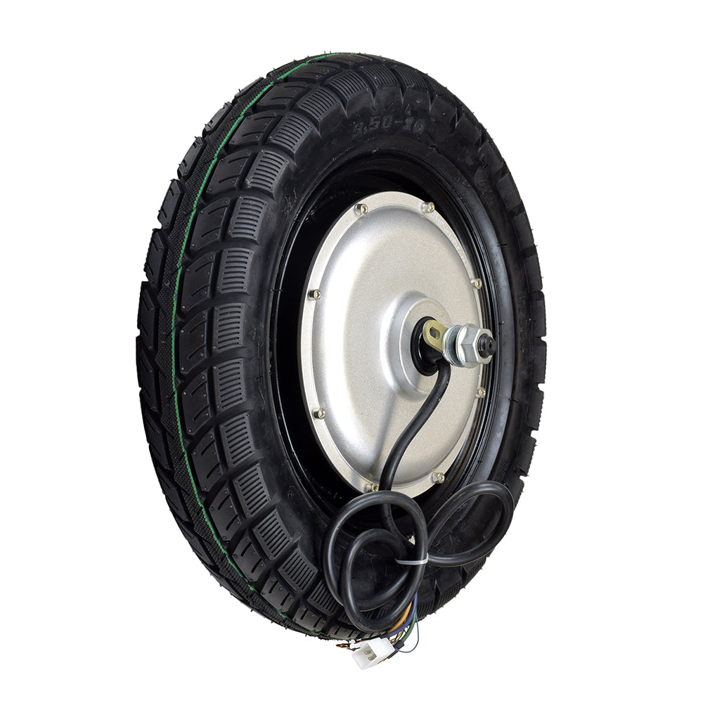 48 Volt 1500 Watt Brushless Hub Motor with 3.50-10 Tire, featuring a black tire attached to a black cord, ideal for electric scooters by Golden Motor Technology.