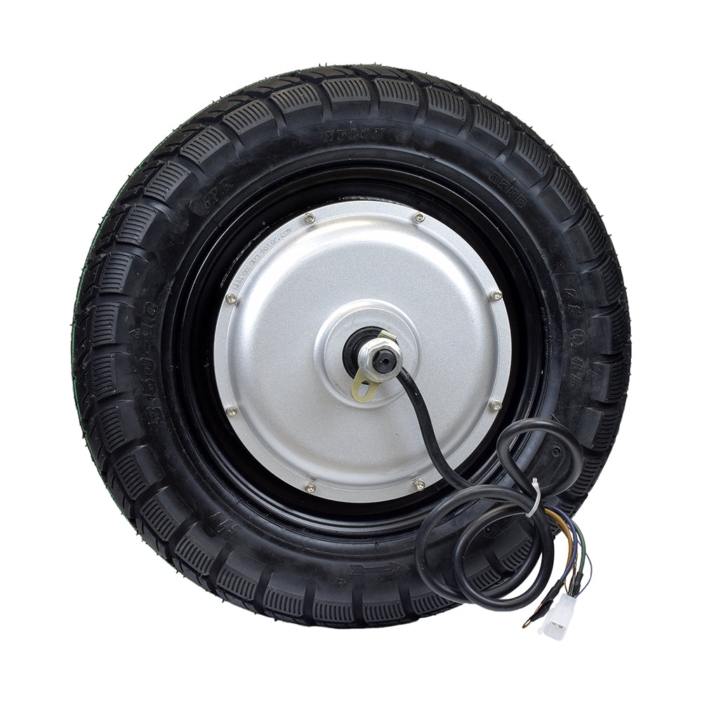 48 Volt 1500 Watt Brushless Hub Motor with 3.50-10 Tire, featuring a close-up of the wheel, attached black cable, and metal nut, suitable for electric scooters.