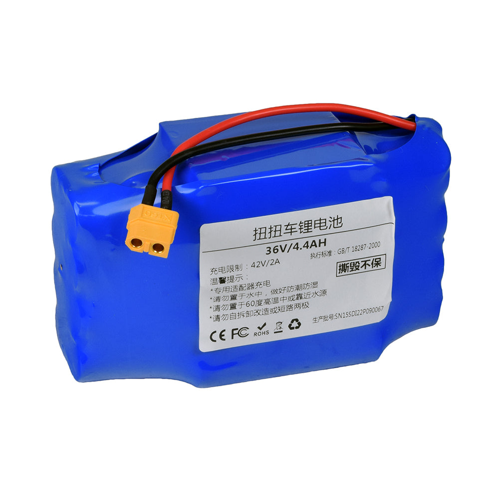 36 Volt 4.4 Ah Lithium Battery for the IO Hawk Hoverboard (UL 2272 Certified) with visible black and red wires attached, ensuring energy efficiency and safety for hoverboards.