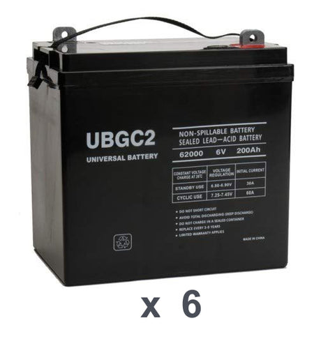 36 Volt 200 Ah UB-GC2 AGM Golf Cart Battery Pack with black cable and white text, shown close-up on a table, designed for high capacity and maintenance-free use.