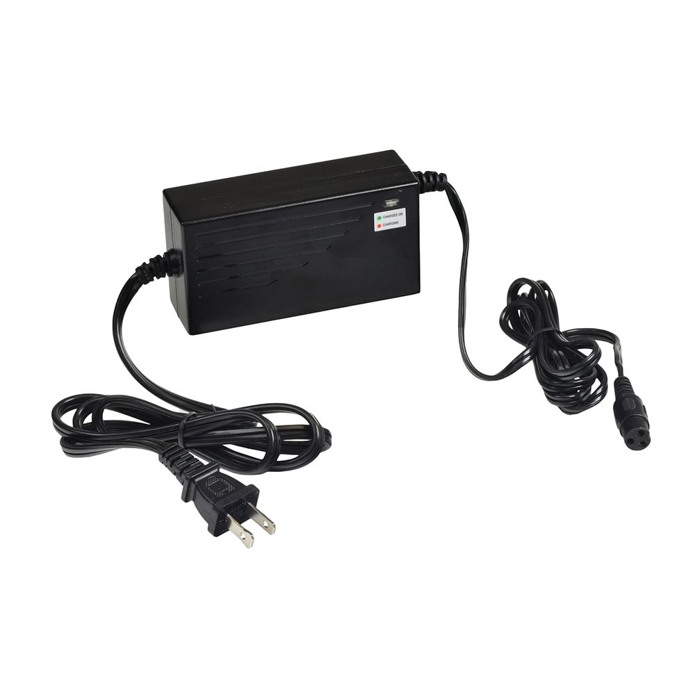 36 Volt 1.5 Amp Battery Charger for the eWheels EW-18 Stand-N-Ride, featuring black power supply with wires, LED indicators, and two connector options: XLR with metallic cover and 3-Prong plastic plug.