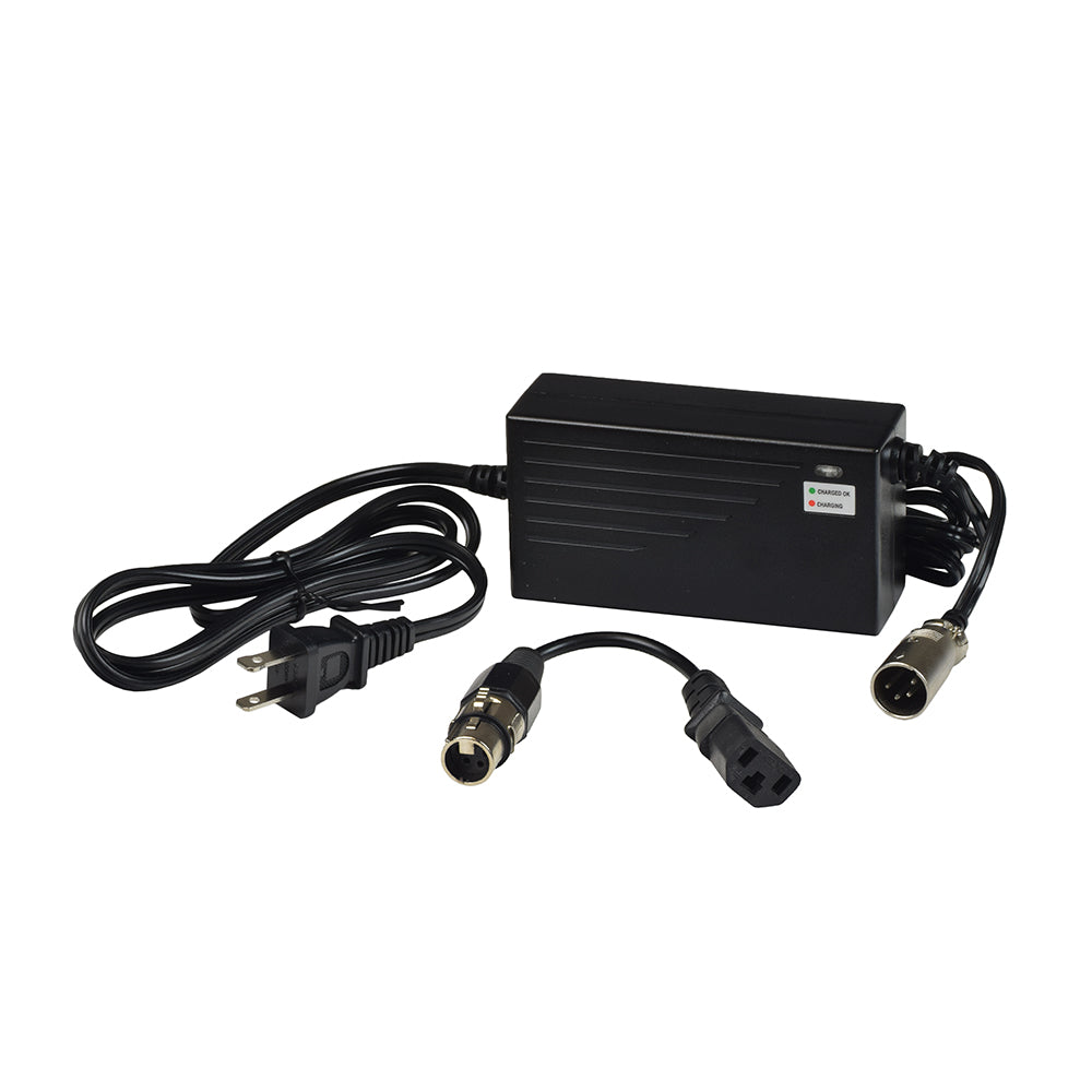 36 Volt 1.5 Amp XLR-4 QL-09005-B3601670H Electric Bike Charger with a 3-Pin Adapter, featuring a black power supply unit, wires, and a close-up of connectors.