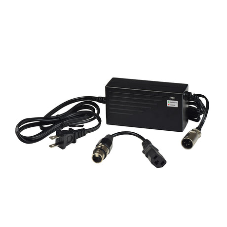 36 Volt 1.5 Amp XLR-4 QL-09005-B3601670H Electric Bike Charger with a 3-Pin Adapter, featuring a black power supply unit, wires, and a close-up of connectors.