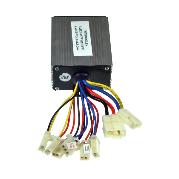 36 Volt 700 Watt Universal Speed & Voltage Controller with colorful wiring, featuring close-up of control panel and connectors for motor, battery, brake/hall throttle, lock, and charger.