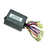 36 Volt 700 Watt Universal Speed & Voltage Controller for electric scooters, bikes, and mopeds, featuring several colored wires connected to designated ports, including motor, battery, brake/hall throttle, lock, and charger.