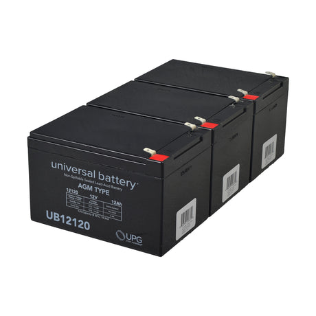 12 Ah 36 Volt UB12120 AGM Battery Pack, featuring three black sealed batteries with white text, designed for electric scooters, including Razor MX500 and MX650, available with or without a pre-wired harness.