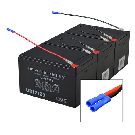 12 Ah 36 Volt UB12120 AGM Battery Pack, featuring a group of three black batteries pre-wired with cables, ideal for electric scooters and dirt bikes.