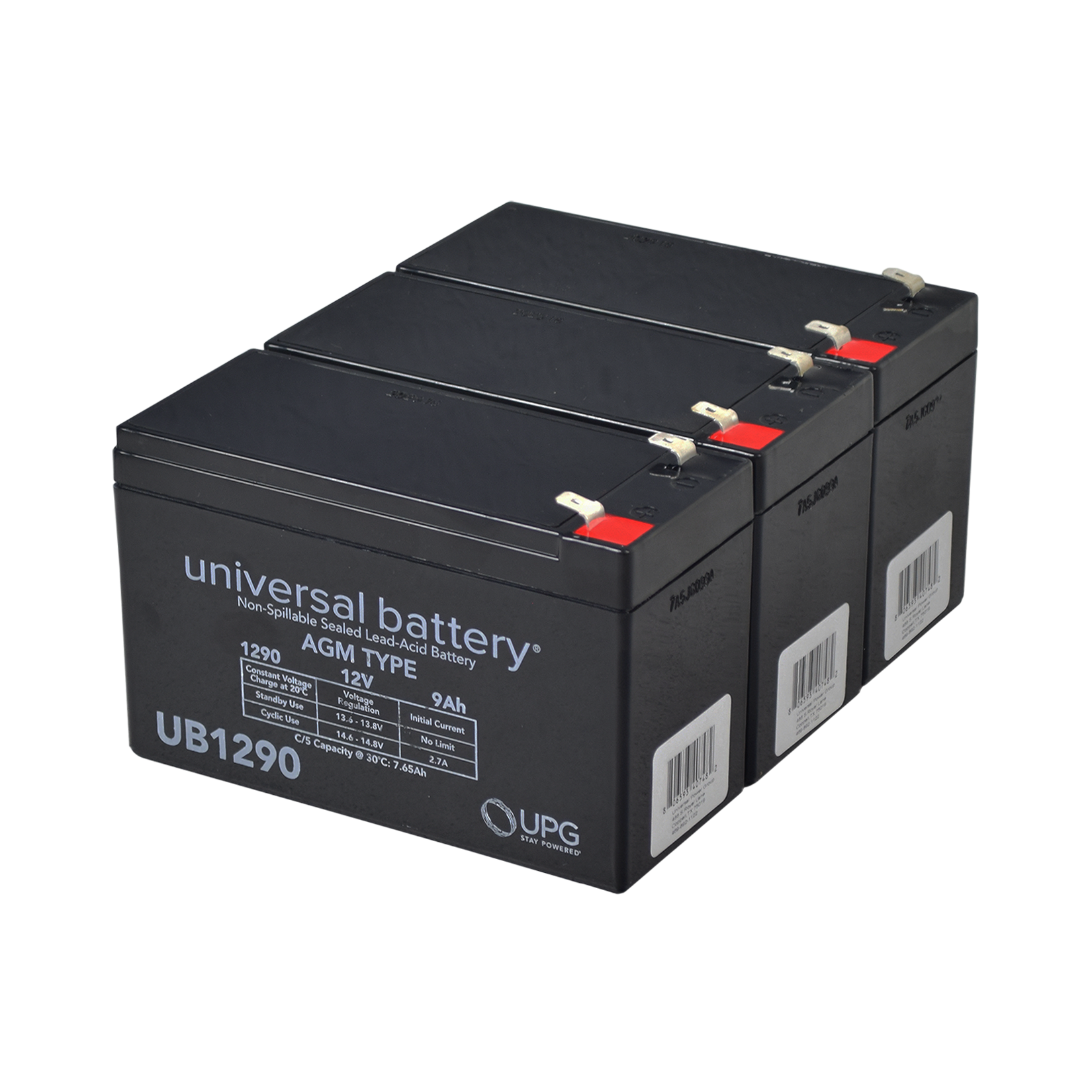 9 Ah 36 Volt UB1290 AGM Battery Pack, shown in a group of three black batteries, suitable for electric scooters, gas scooters, pocket bikes, and mini choppers with electric start.