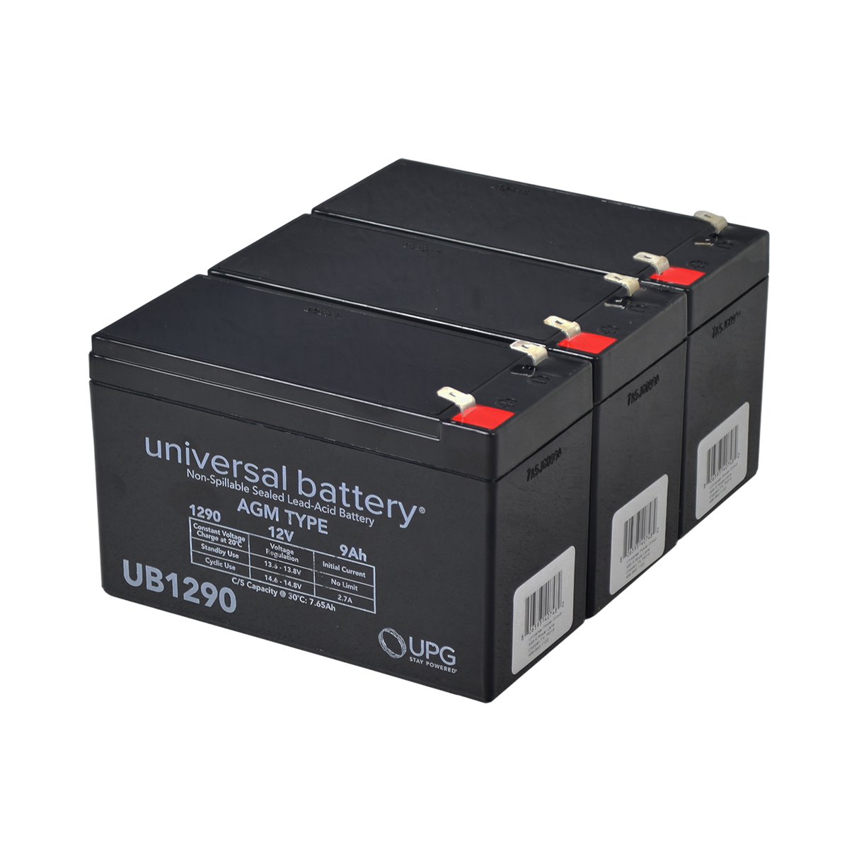 9 Ah 36 Volt UB1290 AGM Battery Pack, shown in a group of three black batteries, suitable for electric scooters, gas scooters, pocket bikes, and mini choppers with electric start.