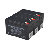 9 Ah 36 Volt UB1290 AGM Battery Pack, shown in a group of three black batteries, suitable for electric scooters, gas scooters, pocket bikes, and mini choppers with electric start.