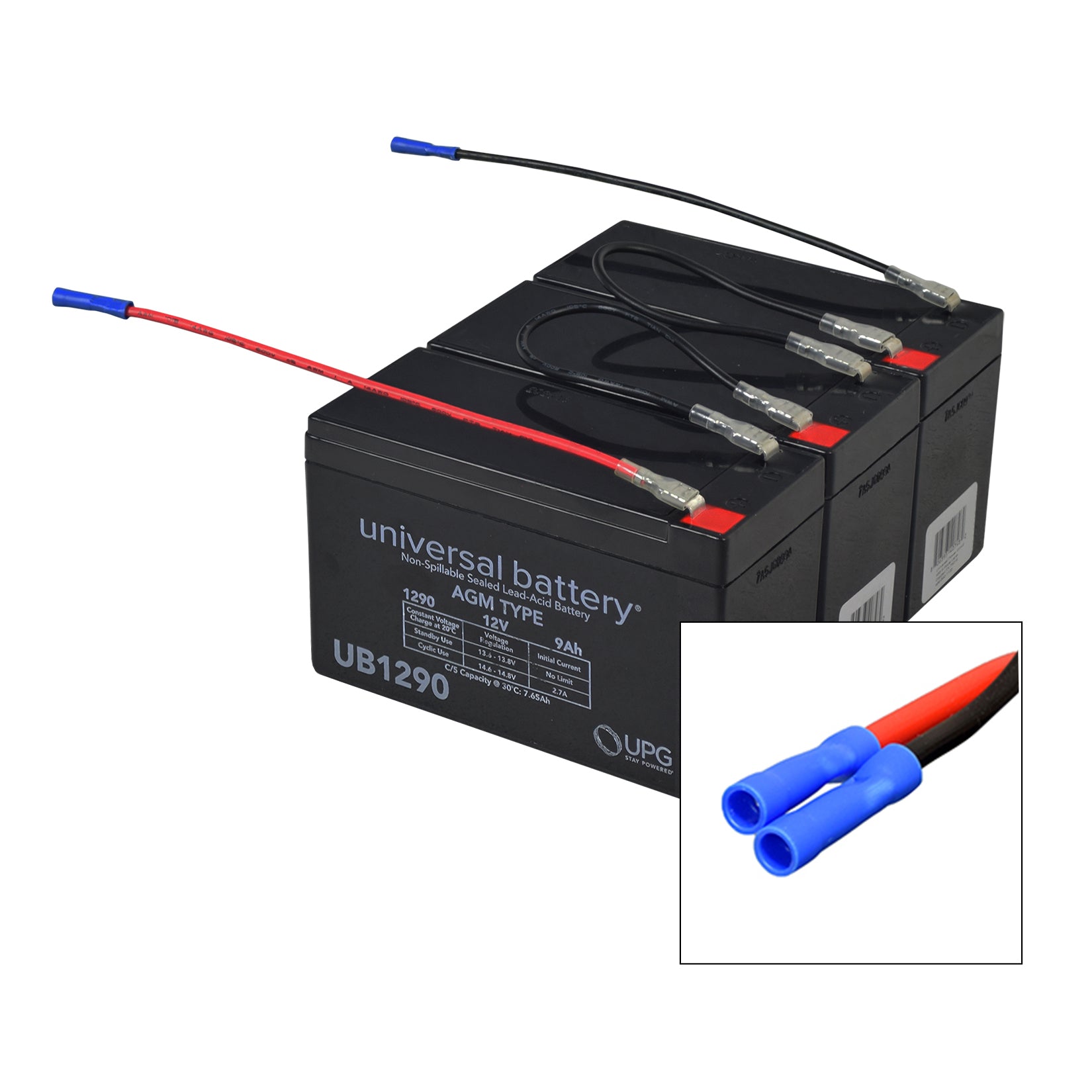 9 Ah 36 Volt UB1290 AGM Battery Pack with attached red and blue wires, showcasing a close-up of the battery and wiring harness for electric scooters and other vehicles.