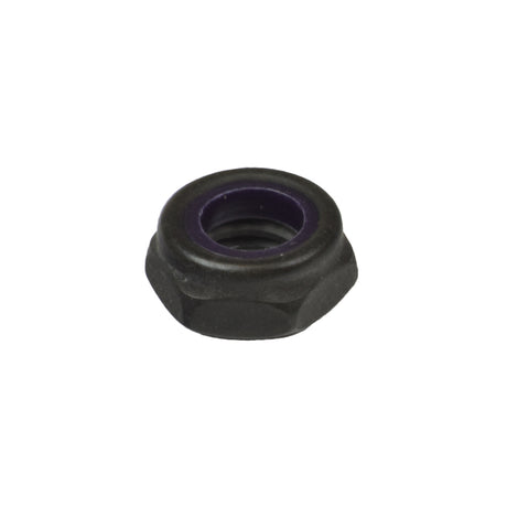 3/8-16 Black Lock Nut (1028486) with a purple ring, used in Invacare footrest assemblies for Pronto, TDX series power chairs, and Tracer series manual wheelchairs.