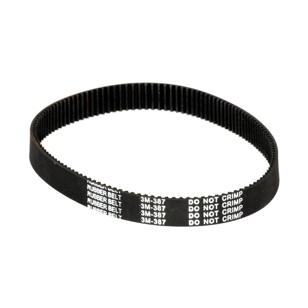 387-3M/12 Drive Belt for electric scooters, showcasing white text on a black belt. Compatible with 100-200 watt scooters, measuring 387mm in length and 12mm in width.