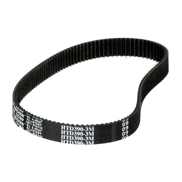 390-3M/12 Drive Belt for electric scooters, displaying white text on a black background, compatible with 100-200 watt models, and suitable for Bravo Pulse Charger scooters.