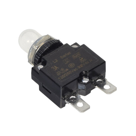 3 Amp (3A) 32VDC 125/250VAC Push-Button Reset Circuit Breaker with 1/4 Tab Terminals, featuring a clear plastic boot, push button, and knob for easy installation in electric scooters.