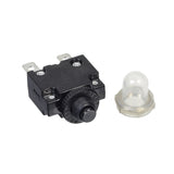 3 Amp (3A) 32VDC 125/250VAC Push-Button Reset Circuit Breaker with 1/4 Tab Terminals featuring a clear plastic boot protecting the black push button from dust and moisture.