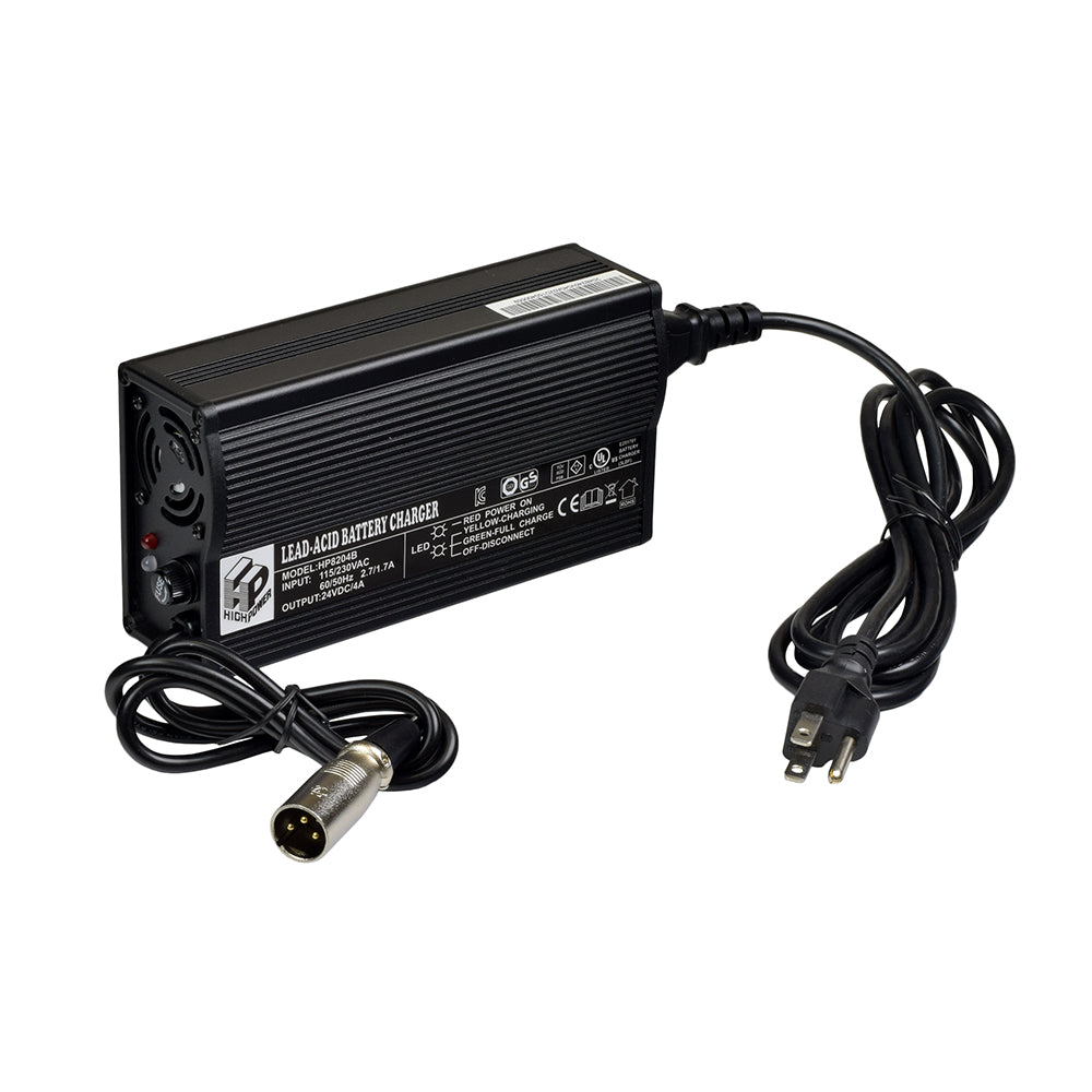 24 Volt 4.0 Amp XLR Battery Charger for Golden Technologies Companion I & II scooters, featuring a black rectangular design with cable, LED indicators, and automatic shutoff, suitable for various power chairs.