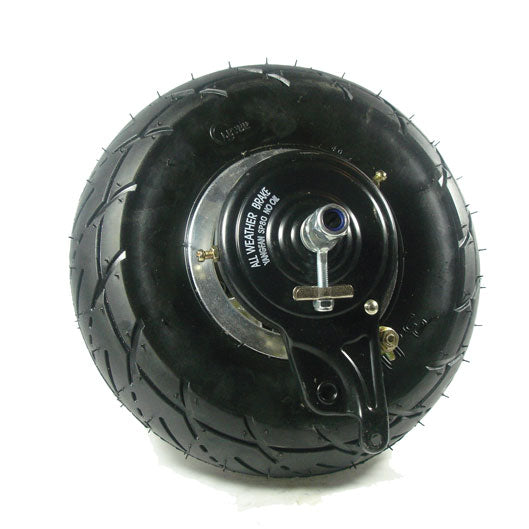 3.00-4 Rear Wheel Assembly with #25 Chain Sprocket, featuring a black tire, metal disc, and visible tread patterns. Includes tire, inner tube, rear rim, brake assembly, and wheel bearings, compatible with electric scooters.