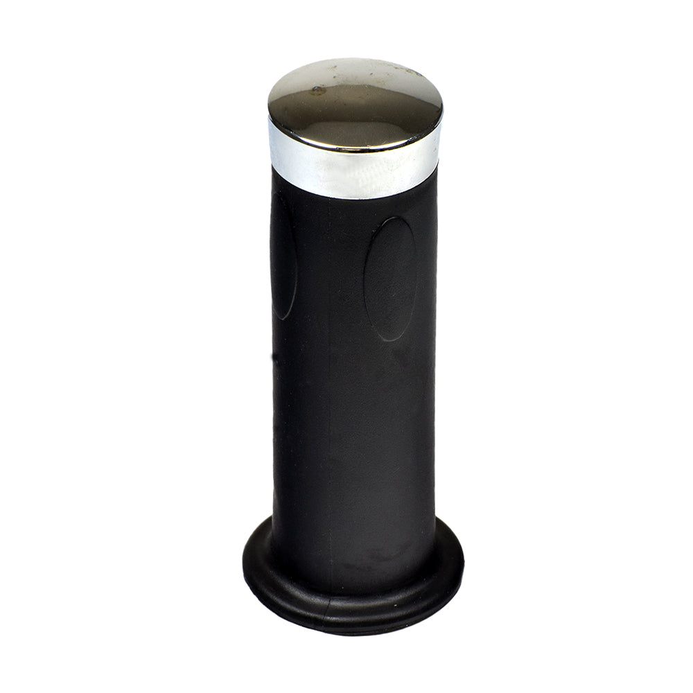 4-1/2 Rubber Handlebar Grip with Chrome End Cap (Single Grip), featuring a sleek black cylindrical design with a shiny silver end cap, ideal for various scooters and bikes.