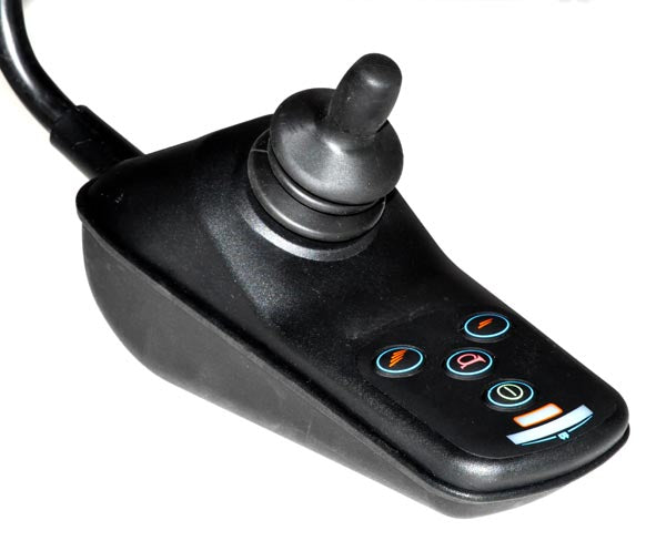 4 Key 50 Amp VSI Joystick Controller with Flying Leads: A black joystick controller featuring multiple buttons, designed for various scooter models, enabling direction, speed control, actuator adjustment, drive profile selection, and other advanced functionalities.