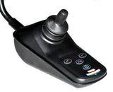 4 Key 50 Amp VSI Joystick Controller with Flying Leads: A black joystick controller featuring multiple buttons, designed for various scooter models, enabling direction, speed control, actuator adjustment, drive profile selection, and other advanced functionalities.