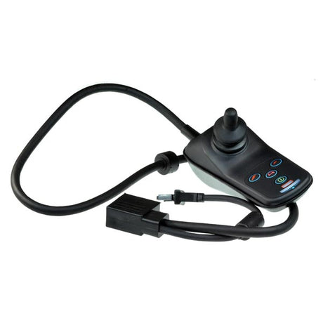 4 Key 50 Amp VSI Joystick Controller by PG Drives Technology, shown with a cable, used for controlling power chairs and adjusting speed, direction, and accessory positions.